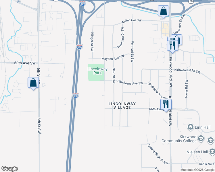 map of restaurants, bars, coffee shops, grocery stores, and more near 5701 J St SW in Cedar Rapids