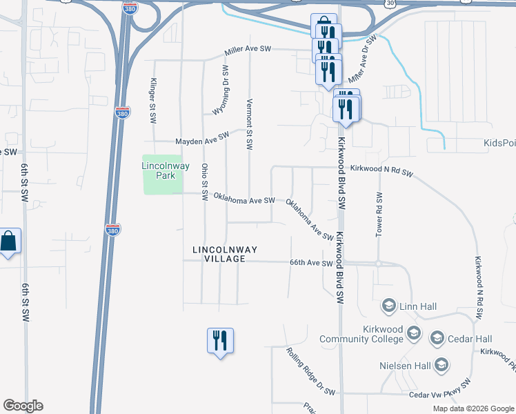 map of restaurants, bars, coffee shops, grocery stores, and more near 85 Oklahoma Ave SW in Cedar Rapids