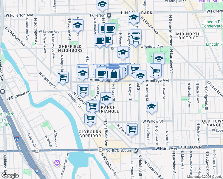 map of restaurants, bars, coffee shops, grocery stores, and more near 1944 North Bissell Street in Chicago