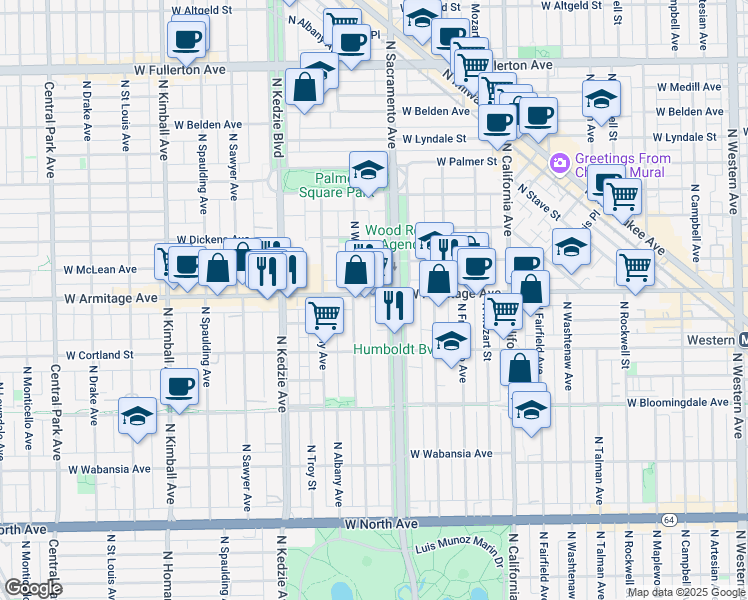 map of restaurants, bars, coffee shops, grocery stores, and more near 3026 West Armitage Avenue in Chicago