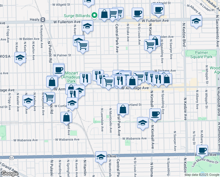 map of restaurants, bars, coffee shops, grocery stores, and more near West Armitage Avenue & North Monticello Avenue in Chicago