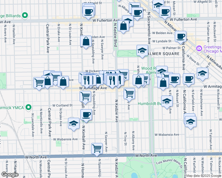 map of restaurants, bars, coffee shops, grocery stores, and more near 3219 West Armitage Avenue in Chicago