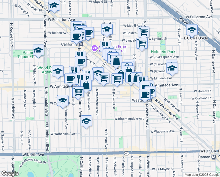 map of restaurants, bars, coffee shops, grocery stores, and more near 2617 West Armitage Avenue in Chicago
