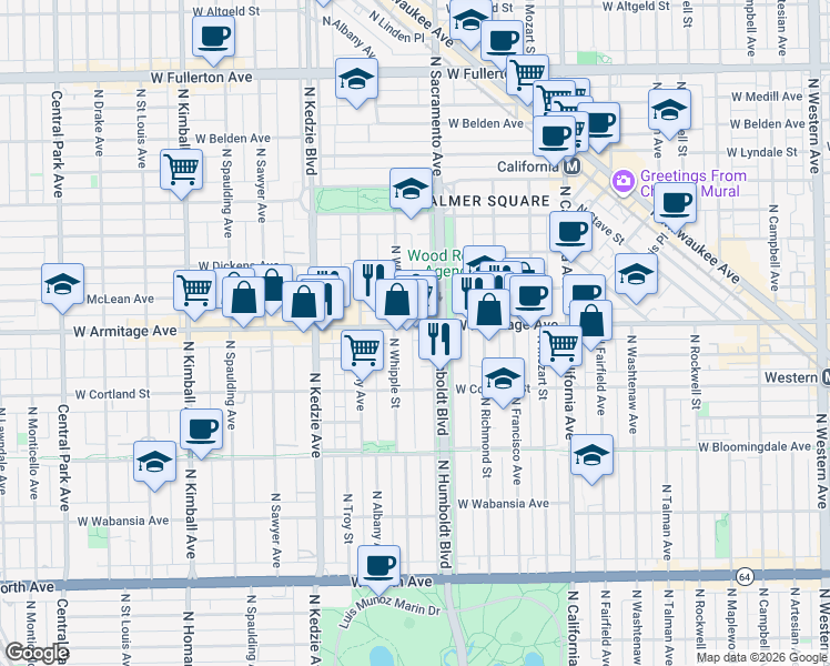map of restaurants, bars, coffee shops, grocery stores, and more near 3017 West Armitage Avenue in Chicago