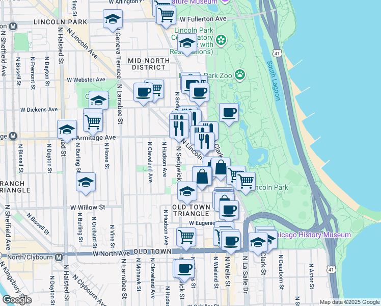 map of restaurants, bars, coffee shops, grocery stores, and more near 1940 North Lincoln Avenue in Chicago