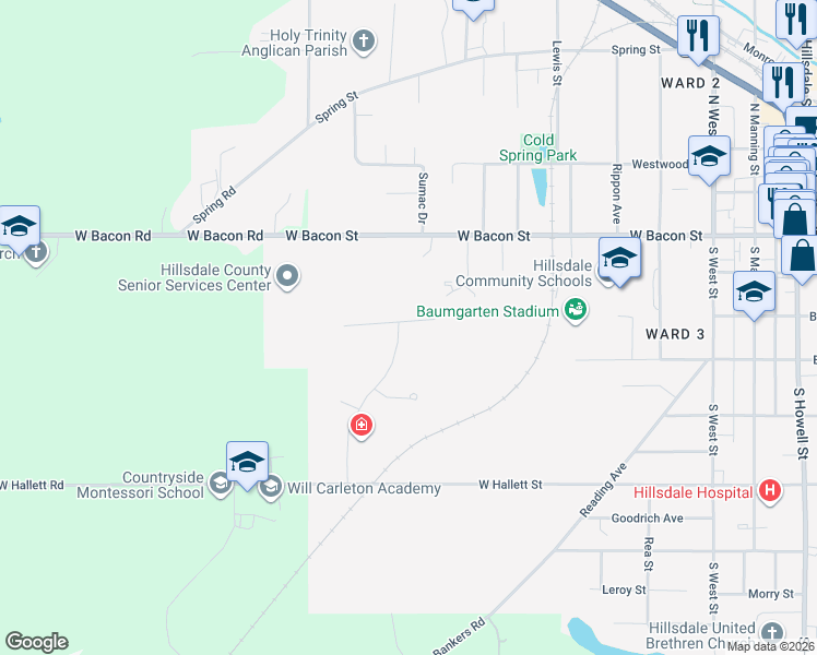 map of restaurants, bars, coffee shops, grocery stores, and more near Hidden Meadows Drive in Hillsdale