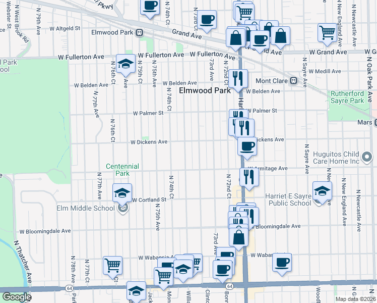 map of restaurants, bars, coffee shops, grocery stores, and more near 2031 North 74th Avenue in Elmwood Park