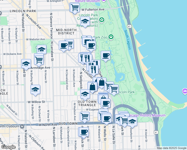 map of restaurants, bars, coffee shops, grocery stores, and more near 1936 North Clark Street in Chicago