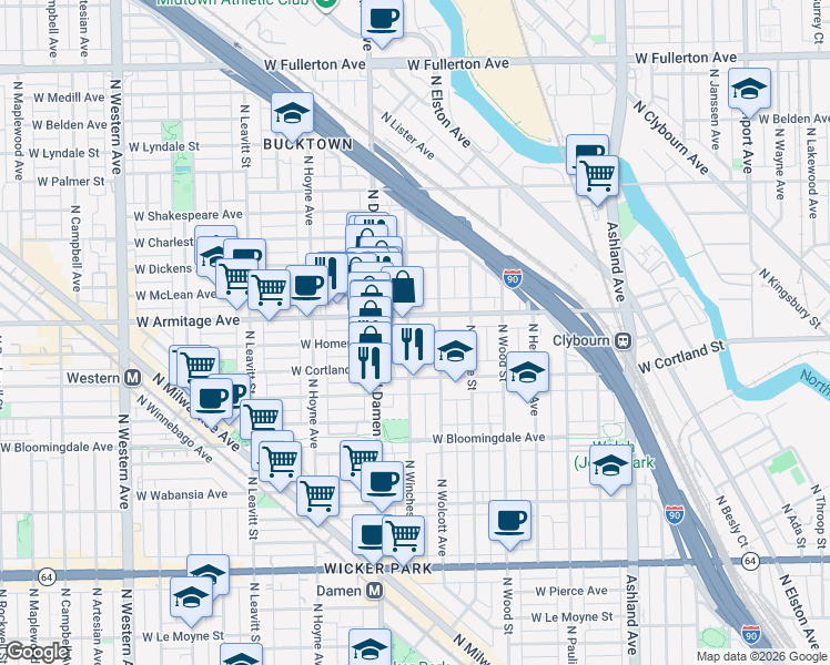 map of restaurants, bars, coffee shops, grocery stores, and more near 1956 West Armitage Avenue in Chicago