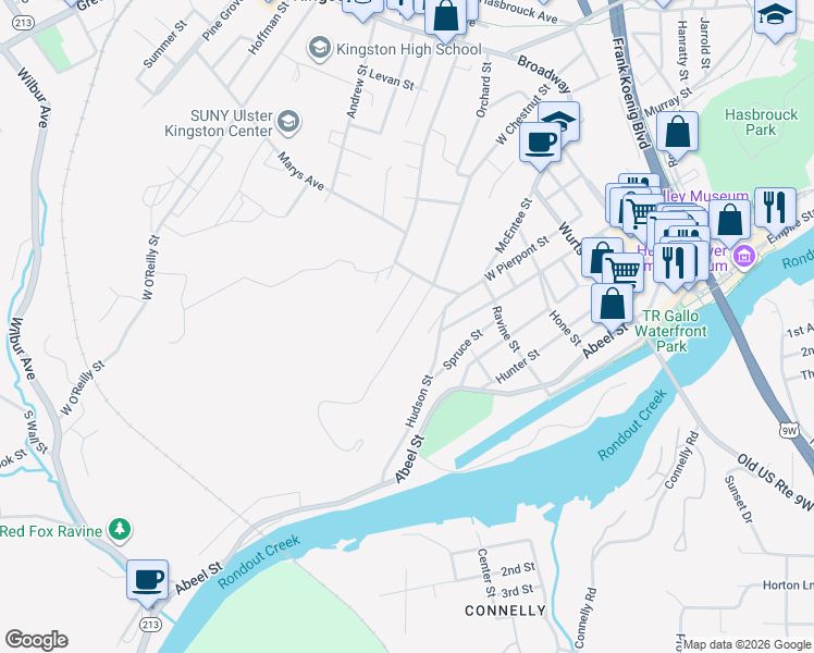map of restaurants, bars, coffee shops, grocery stores, and more near 172 West Pierpont Street in Kingston