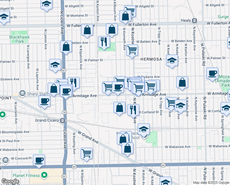 map of restaurants, bars, coffee shops, grocery stores, and more near 4508 West Armitage Avenue in Chicago