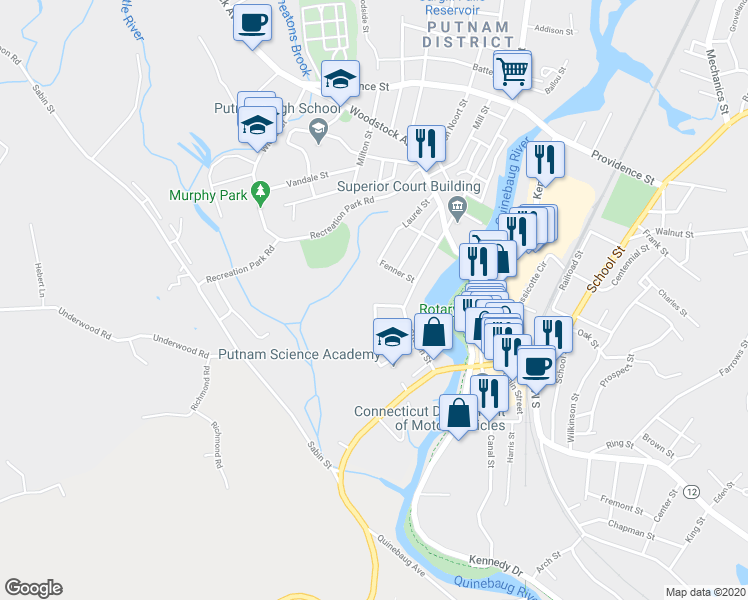 map of restaurants, bars, coffee shops, grocery stores, and more near 23 Ravine Street in Putnam