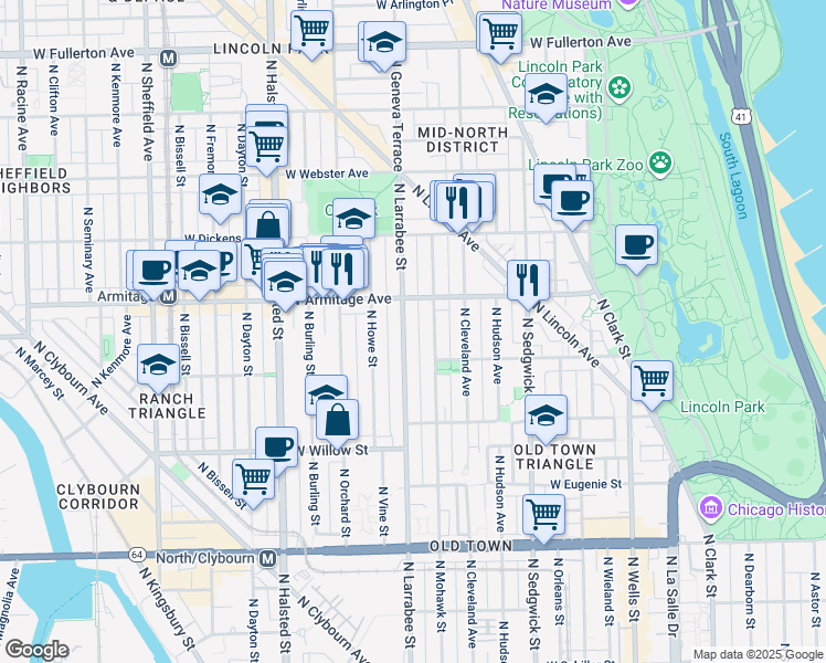 map of restaurants, bars, coffee shops, grocery stores, and more near 1933 North Larrabee Street in Chicago