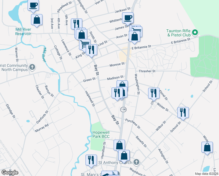 map of restaurants, bars, coffee shops, grocery stores, and more near 10 Jefferson Avenue in Taunton