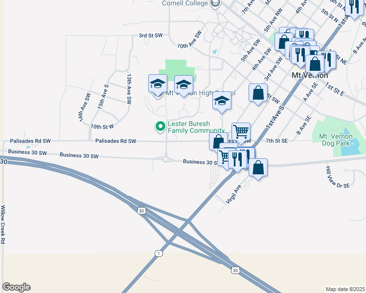 map of restaurants, bars, coffee shops, grocery stores, and more near 514 Palisades Road Southwest in Mount Vernon