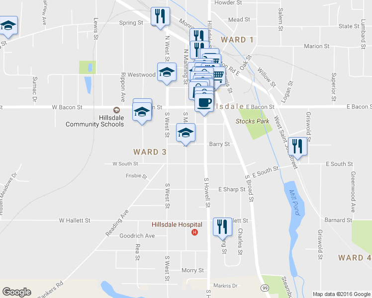 map of restaurants, bars, coffee shops, grocery stores, and more near 59 South Manning Street in Hillsdale