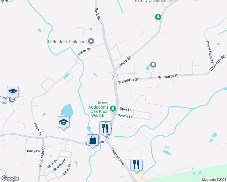 map of restaurants, bars, coffee shops, grocery stores, and more near 1347 Park Street in Attleboro