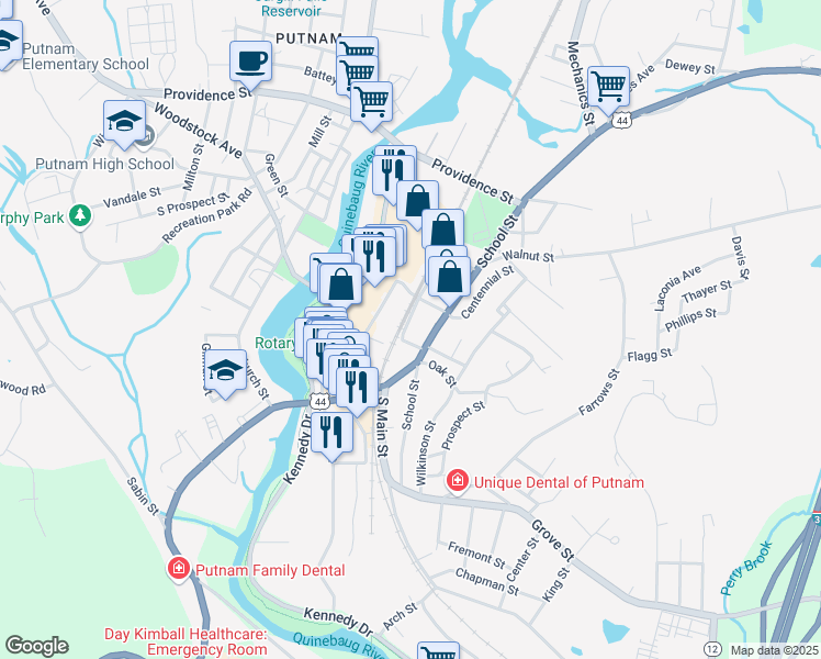 map of restaurants, bars, coffee shops, grocery stores, and more near 27 Railroad Street in Putnam