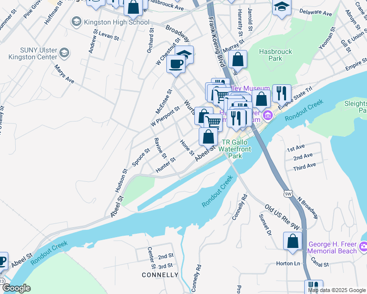 map of restaurants, bars, coffee shops, grocery stores, and more near 109 Hunter Street in Kingston