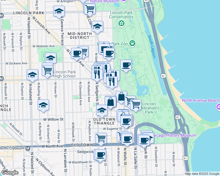 map of restaurants, bars, coffee shops, grocery stores, and more near 1939 North Lincoln Avenue in Chicago