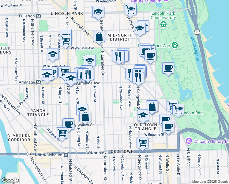 map of restaurants, bars, coffee shops, grocery stores, and more near 1935 North Mohawk Street in Chicago