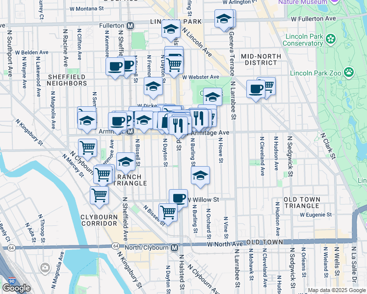 map of restaurants, bars, coffee shops, grocery stores, and more near 724 West Armitage Avenue in Chicago