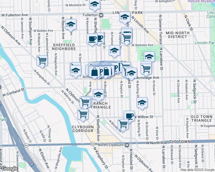 map of restaurants, bars, coffee shops, grocery stores, and more near 919 West Armitage Avenue in Chicago
