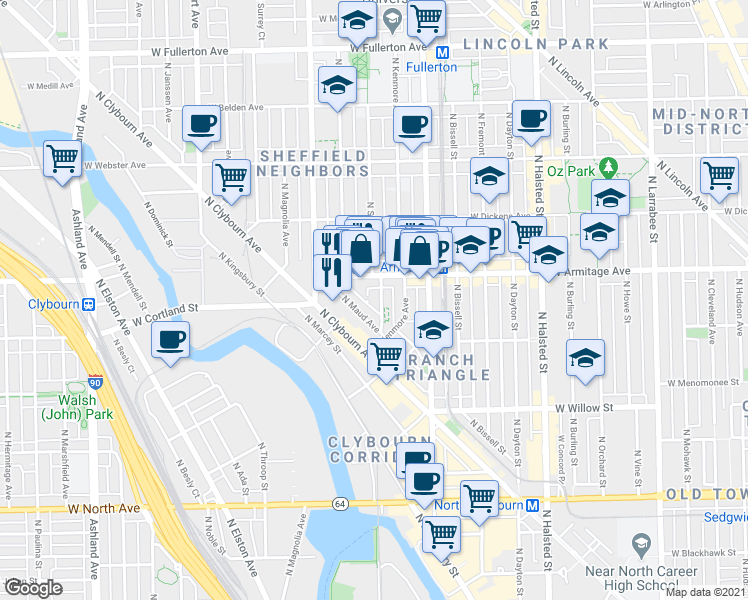 map of restaurants, bars, coffee shops, grocery stores, and more near 1956 North Seminary Avenue in Chicago