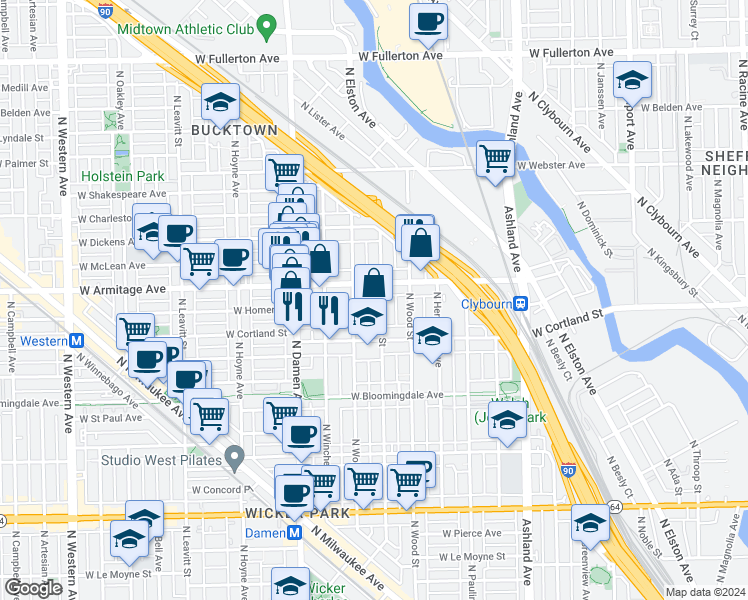 map of restaurants, bars, coffee shops, grocery stores, and more near 1857 West Armitage Avenue in Chicago