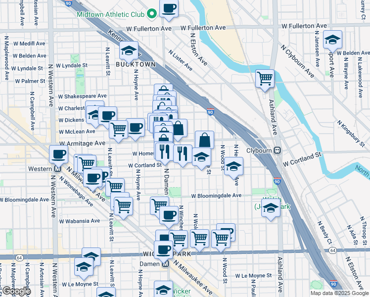 map of restaurants, bars, coffee shops, grocery stores, and more near 1956 West Armitage Avenue in Chicago