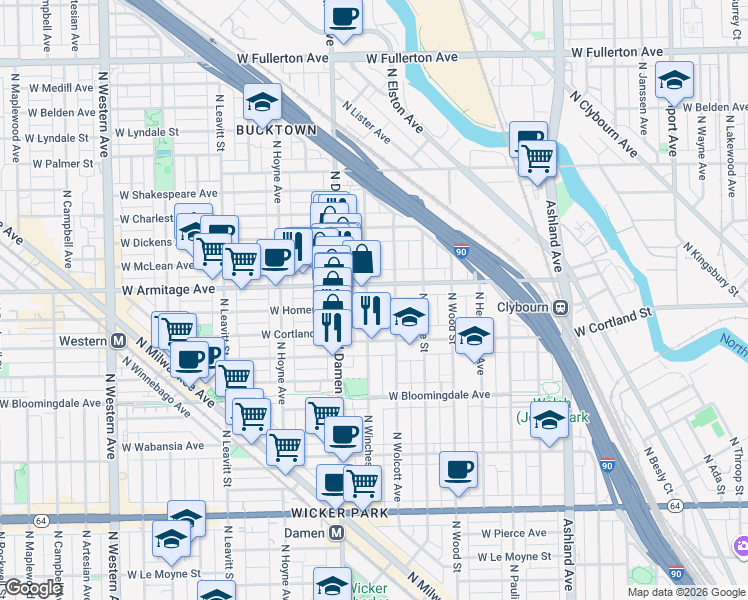 map of restaurants, bars, coffee shops, grocery stores, and more near 1956 West Armitage Avenue in Chicago