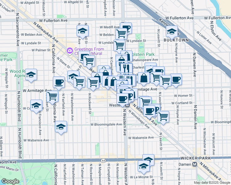 map of restaurants, bars, coffee shops, grocery stores, and more near in Chicago