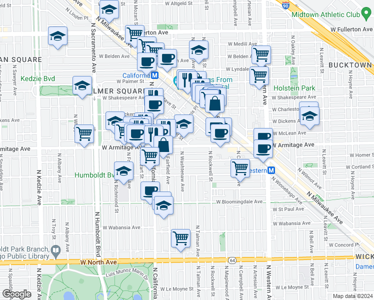 map of restaurants, bars, coffee shops, grocery stores, and more near 2652 West Armitage Avenue in Chicago