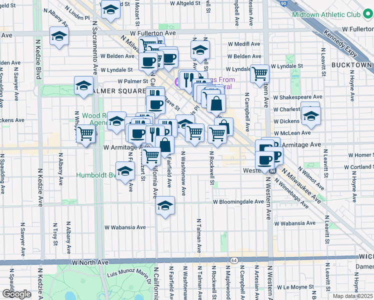 map of restaurants, bars, coffee shops, grocery stores, and more near 2652 West Armitage Avenue in Chicago
