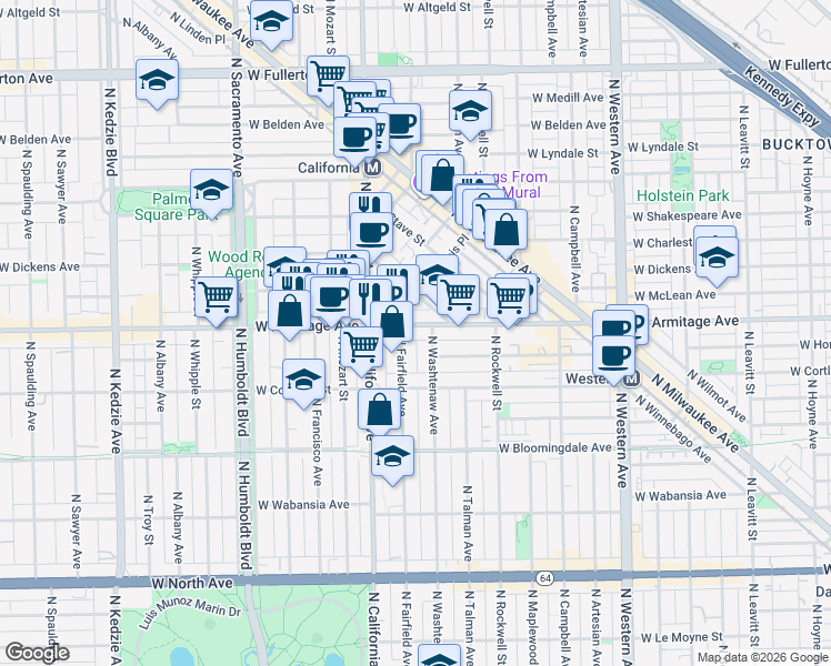 map of restaurants, bars, coffee shops, grocery stores, and more near 2728 West Armitage Avenue in Chicago