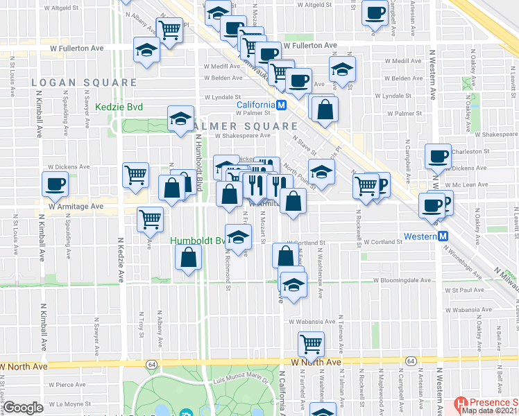 map of restaurants, bars, coffee shops, grocery stores, and more near 2842 West Armitage Avenue in Chicago