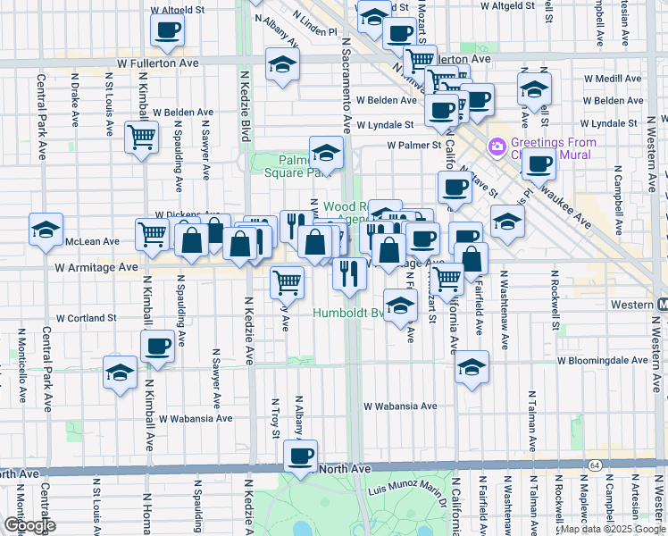map of restaurants, bars, coffee shops, grocery stores, and more near in Chicago