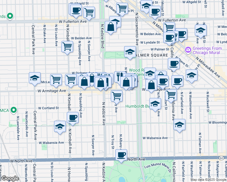 map of restaurants, bars, coffee shops, grocery stores, and more near 2001 North Albany Avenue in Chicago