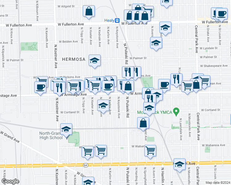 map of restaurants, bars, coffee shops, grocery stores, and more near 4022 West Armitage Avenue in Chicago