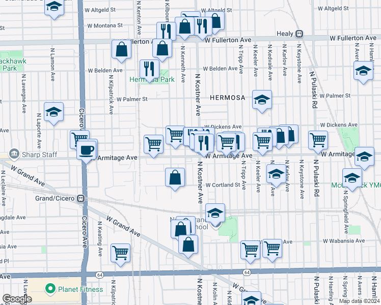 map of restaurants, bars, coffee shops, grocery stores, and more near in Chicago