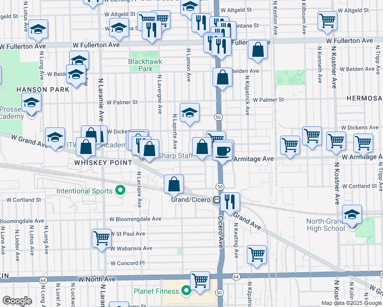 map of restaurants, bars, coffee shops, grocery stores, and more near 2017 North Lamon Avenue in Chicago