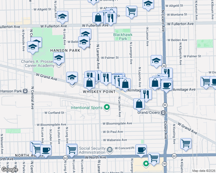 map of restaurants, bars, coffee shops, grocery stores, and more near 2019 North Leamington Avenue in Chicago