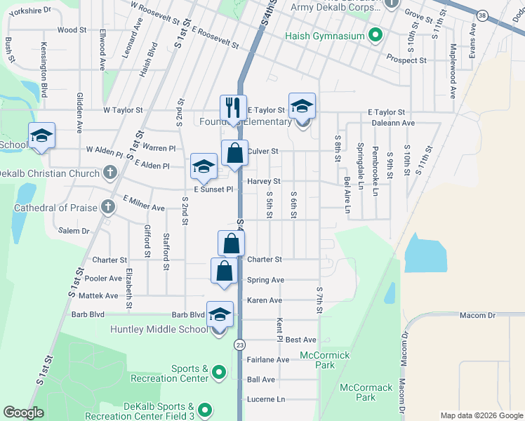 map of restaurants, bars, coffee shops, grocery stores, and more near 1035 South 5th Street in DeKalb