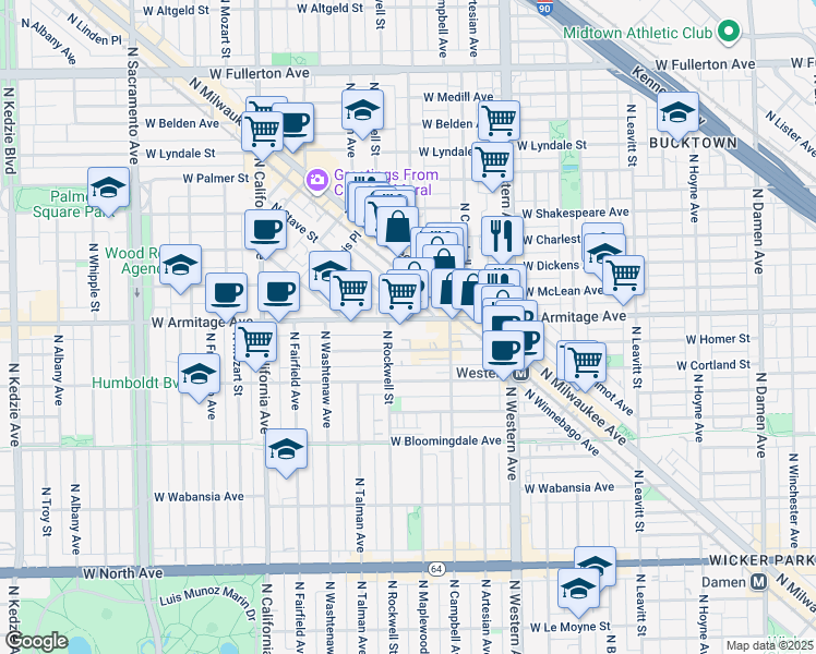 map of restaurants, bars, coffee shops, grocery stores, and more near 2539 West Armitage Avenue in Chicago