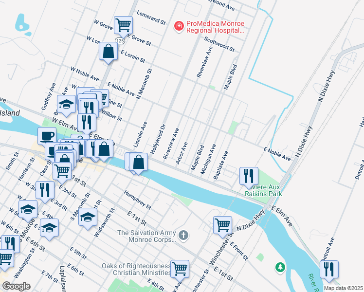 map of restaurants, bars, coffee shops, grocery stores, and more near 229 Arbor Avenue in Monroe