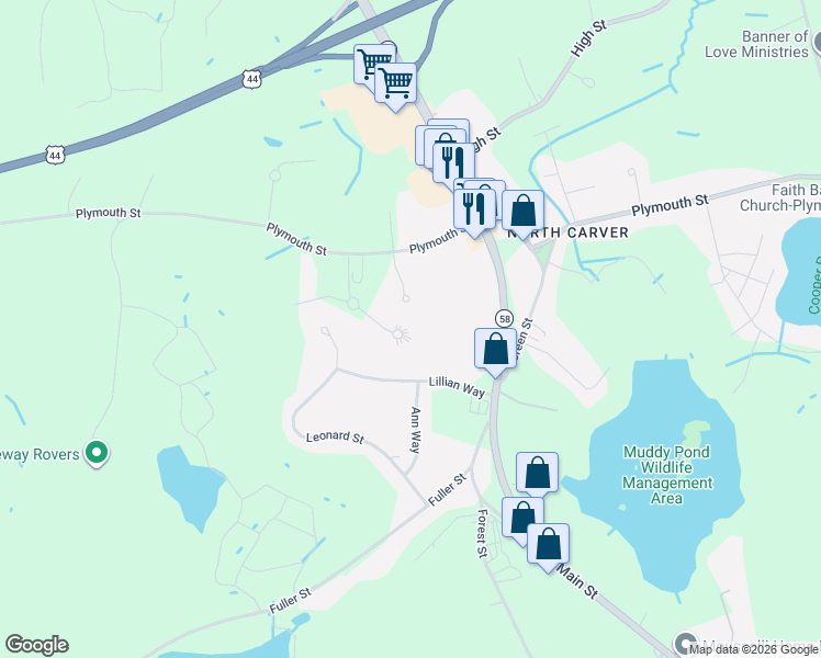 map of restaurants, bars, coffee shops, grocery stores, and more near 25 Santana Way in Carver