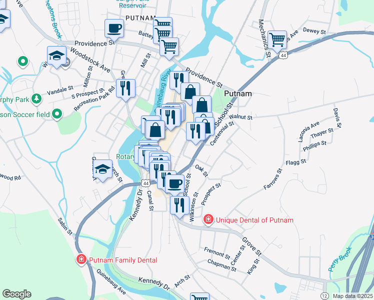 map of restaurants, bars, coffee shops, grocery stores, and more near 27 Railroad Street in Putnam