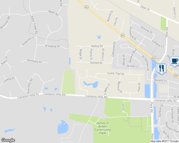 map of restaurants, bars, coffee shops, grocery stores, and more near 3N377 Glad Lane in St. Charles