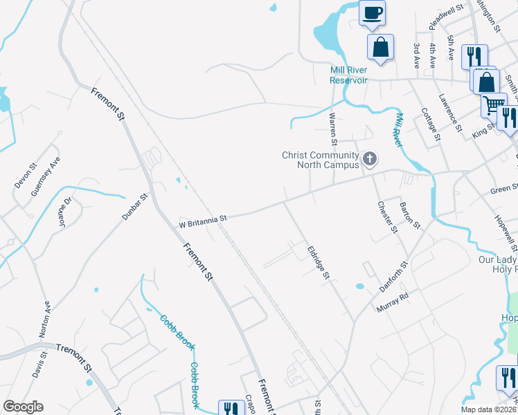 map of restaurants, bars, coffee shops, grocery stores, and more near 457 West Britannia Street in Taunton