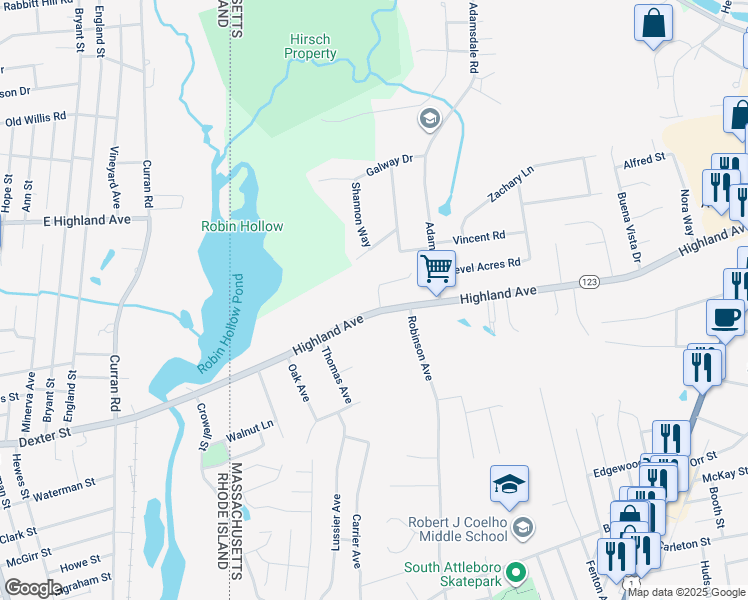 map of restaurants, bars, coffee shops, grocery stores, and more near 10 Brae Road in Attleboro